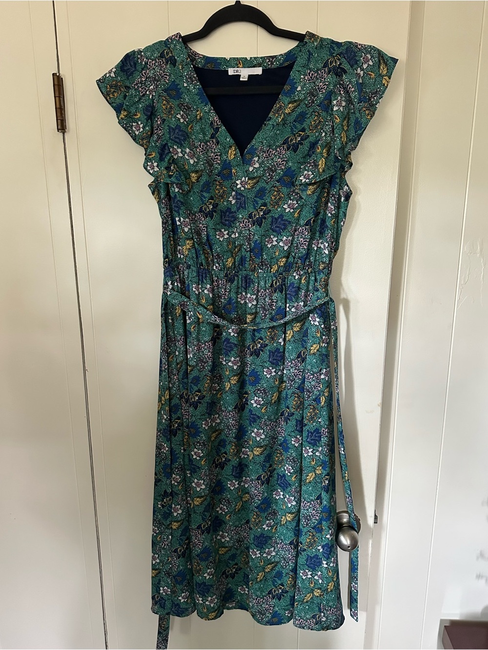 Draper James Teal Floral V-Neck Midi Dress with Yellow Accents. Medium